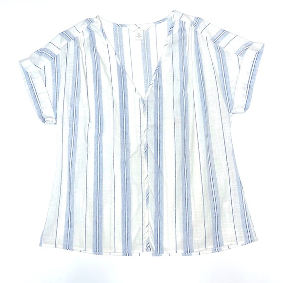 H & M  Short Sleeve V-Neck Cotton Blouse Blue/Cream Size Small - Picture 1 of 9